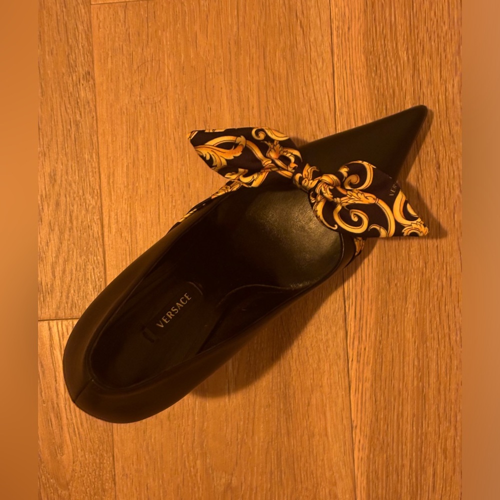 Versace Black Heels with Gold Patterned Bow
